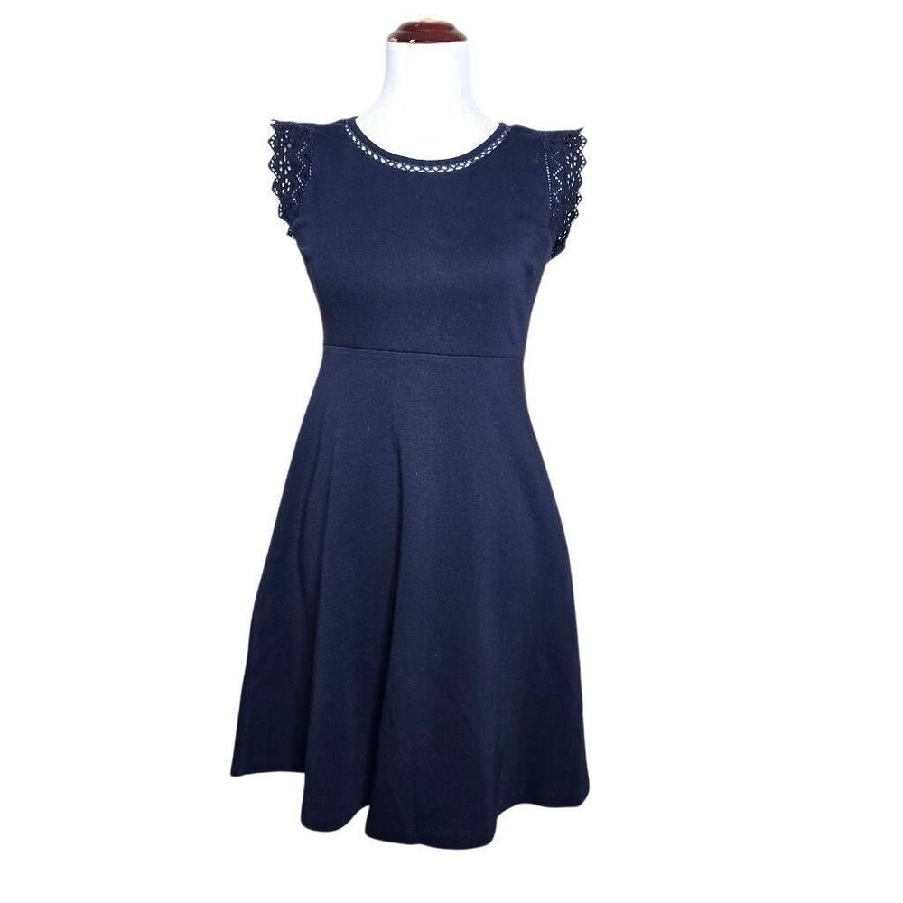 Talbots Navy Blue Cotton Eyelet Flutter Sleeve Fit & Flare Dress XS